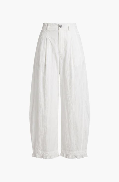 High Waist Wide Leg Pants with Pleats and Ruffle Trim Hems