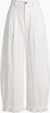 Modenaire High Waist Wide Leg Pants with Pleats and Ruffle Trim Hems