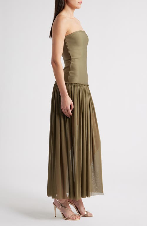 Rare London Strapless Drop Waist Mixed Media Cocktail Dress In Green