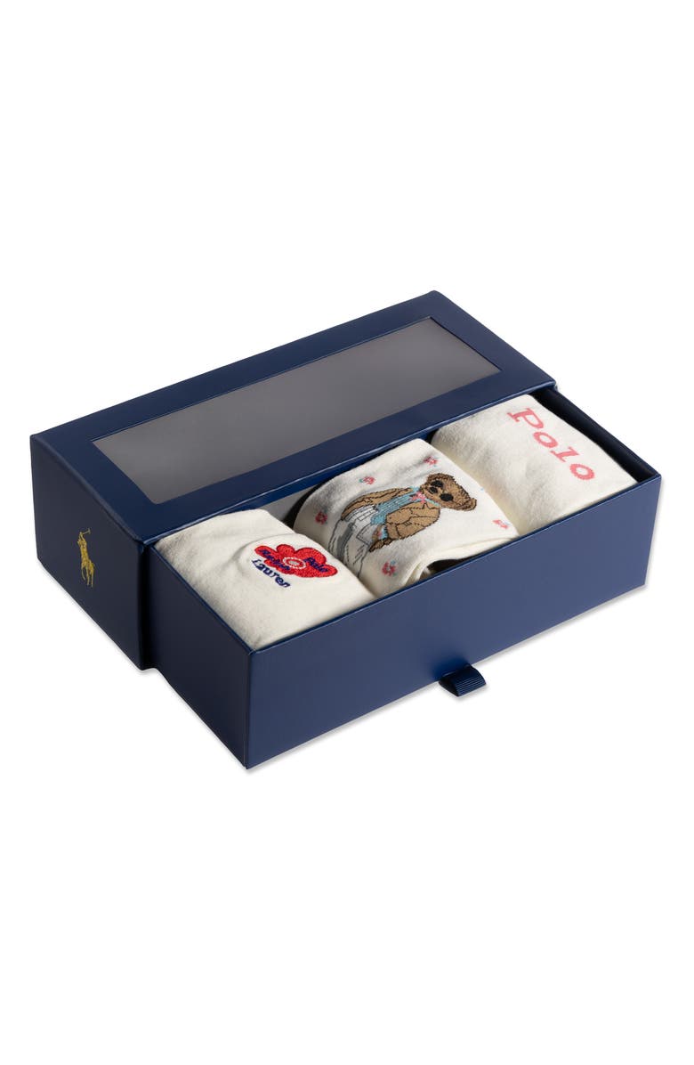 Polo Ralph Lauren Assorted 3-Pack Floral Bear Cotton Blend Crew Socks Gift Box, Alternate, color, Ivory