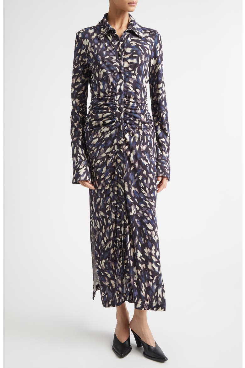 Claudia Print Ruched Long Sleeve Jersey Shirtdress, Main, color, BLACK ANIMAL