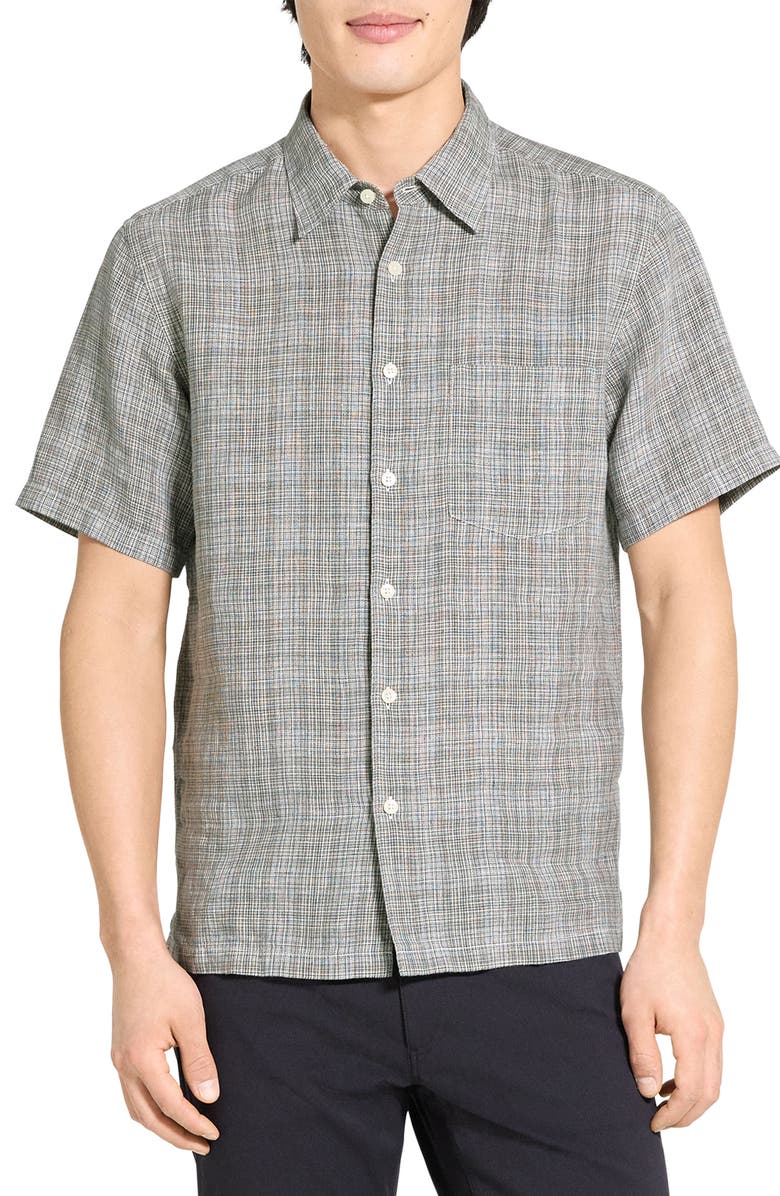 Theory Irving Plaid Short Sleeve Linen Button-Up Shirt, Main, color, Pine Grove Multi - 2Rn