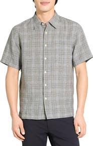 Theory Irving Plaid Short Sleeve Linen Button-Up Shirt