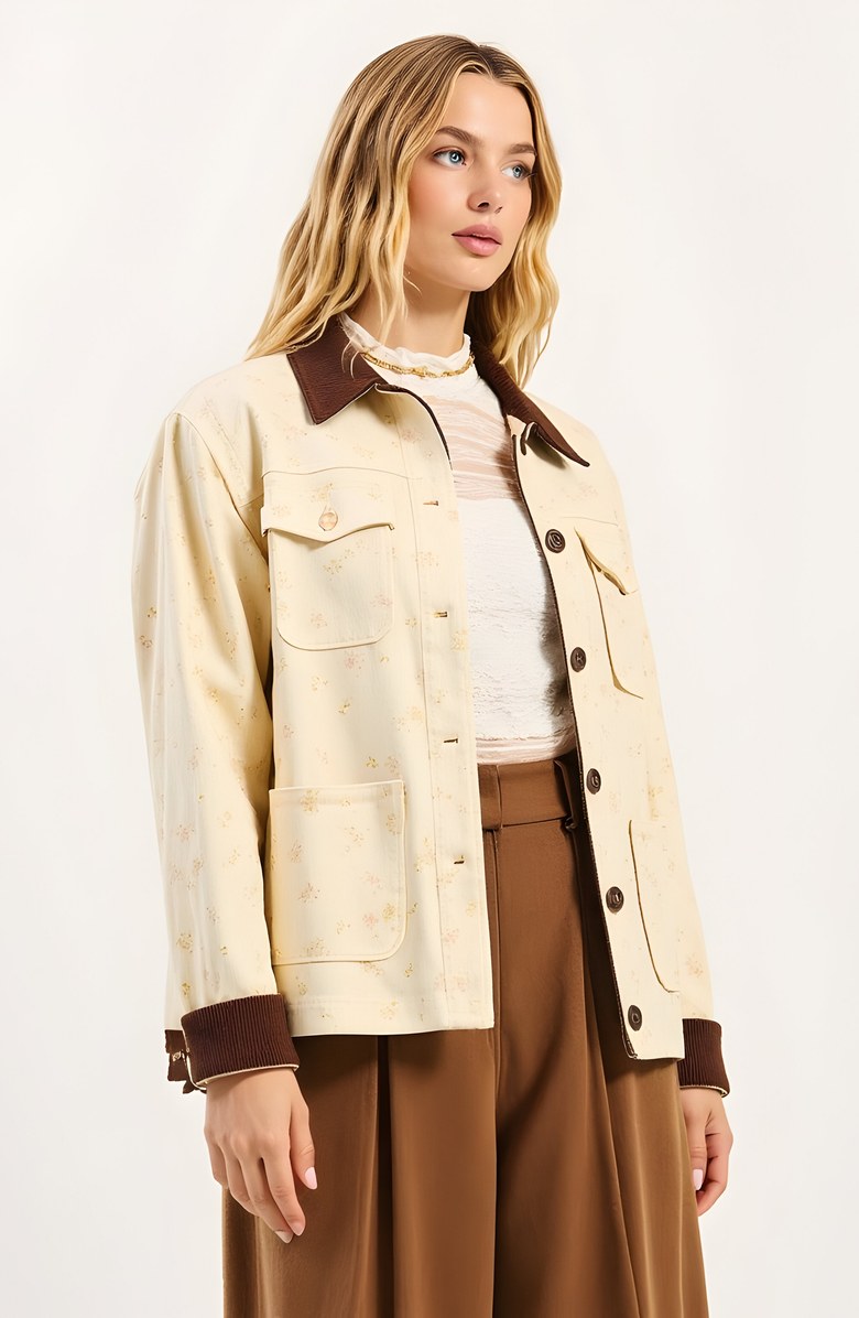 Modenaire Floral Print Utility Jacket with Contrast Corduroy Collar and Cuffs, Alternate, color,