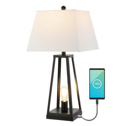 Jonathan Y Waylon 28.5" Classic Industrial Iron Nightlight Led Table Lamp With Usb Charging Port In Black