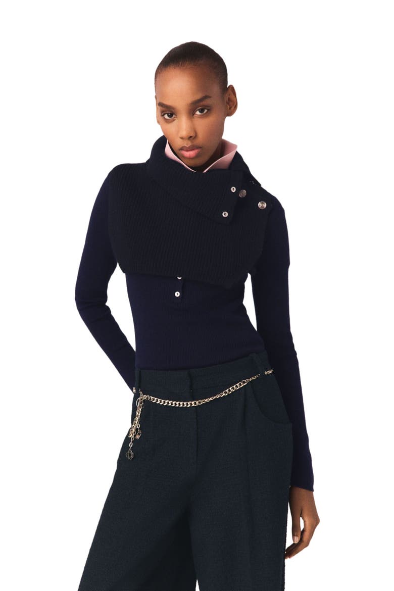 Button-up wool mix collar wrap, Alternate, color, Black