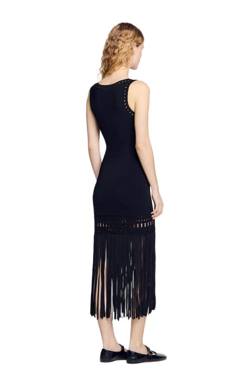 Shop Sandro Fringed Knit Dress In Black
