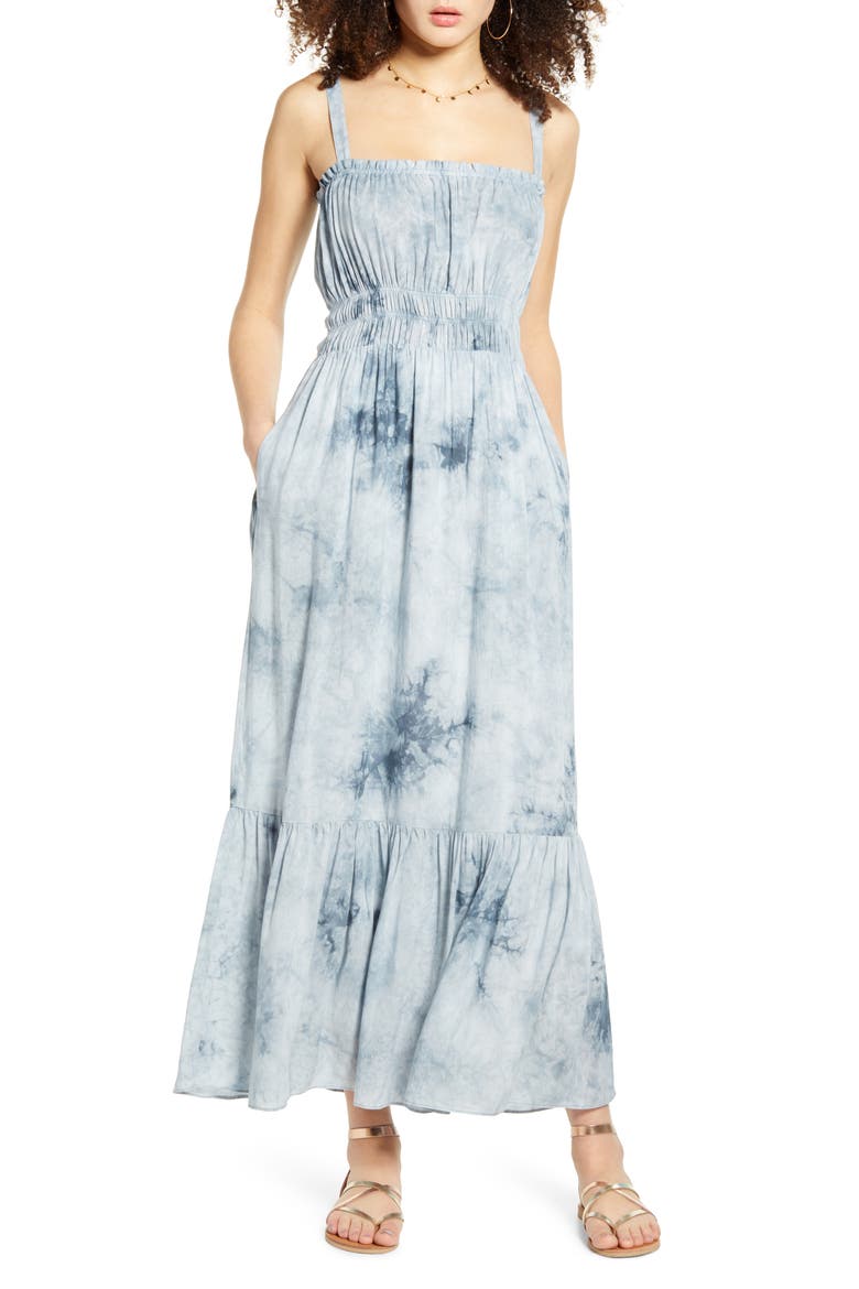 Smocked Waist Tie Dye Maxi Dress, Main, color, BLUE TIE DYE