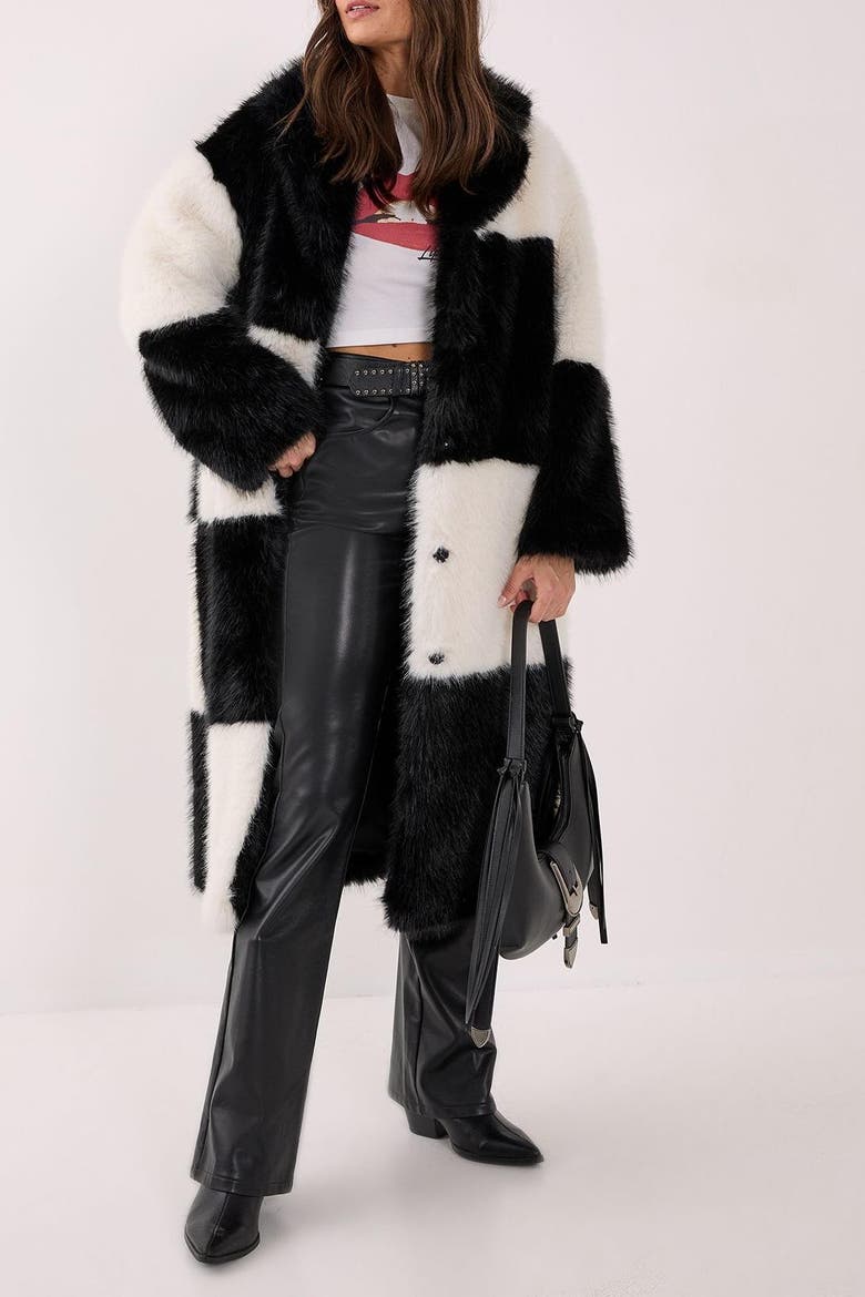 Mono Check Faux Fur Coat, Alternate, color, Mono