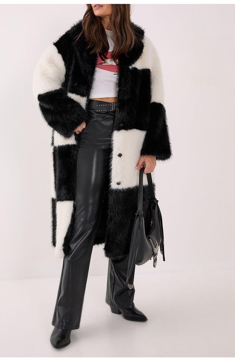 NASTY GAL Mono Check Faux Fur Coat, Alternate, color, Mono