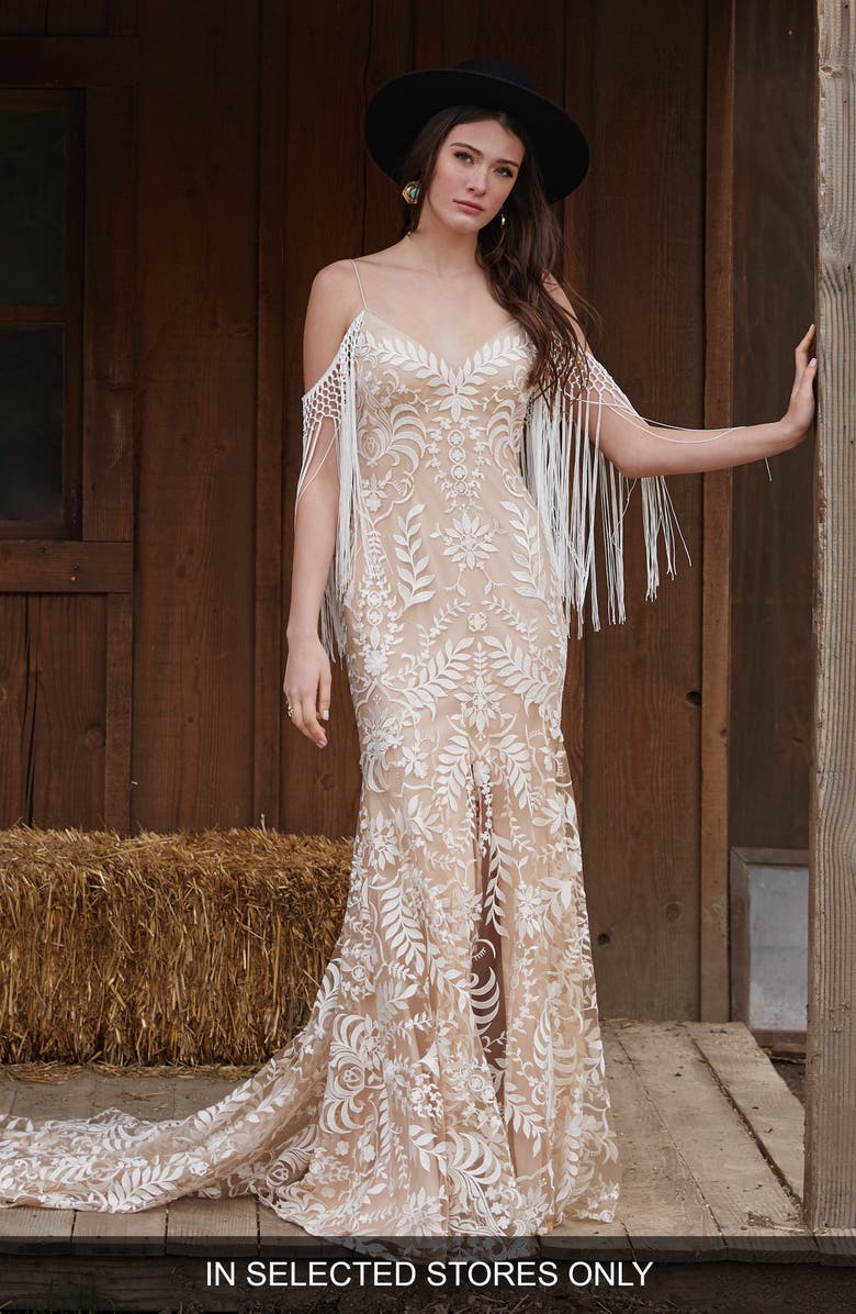 Willowby Dakota Fringe Detail Lace Sheath Wedding Dress, Main, color,