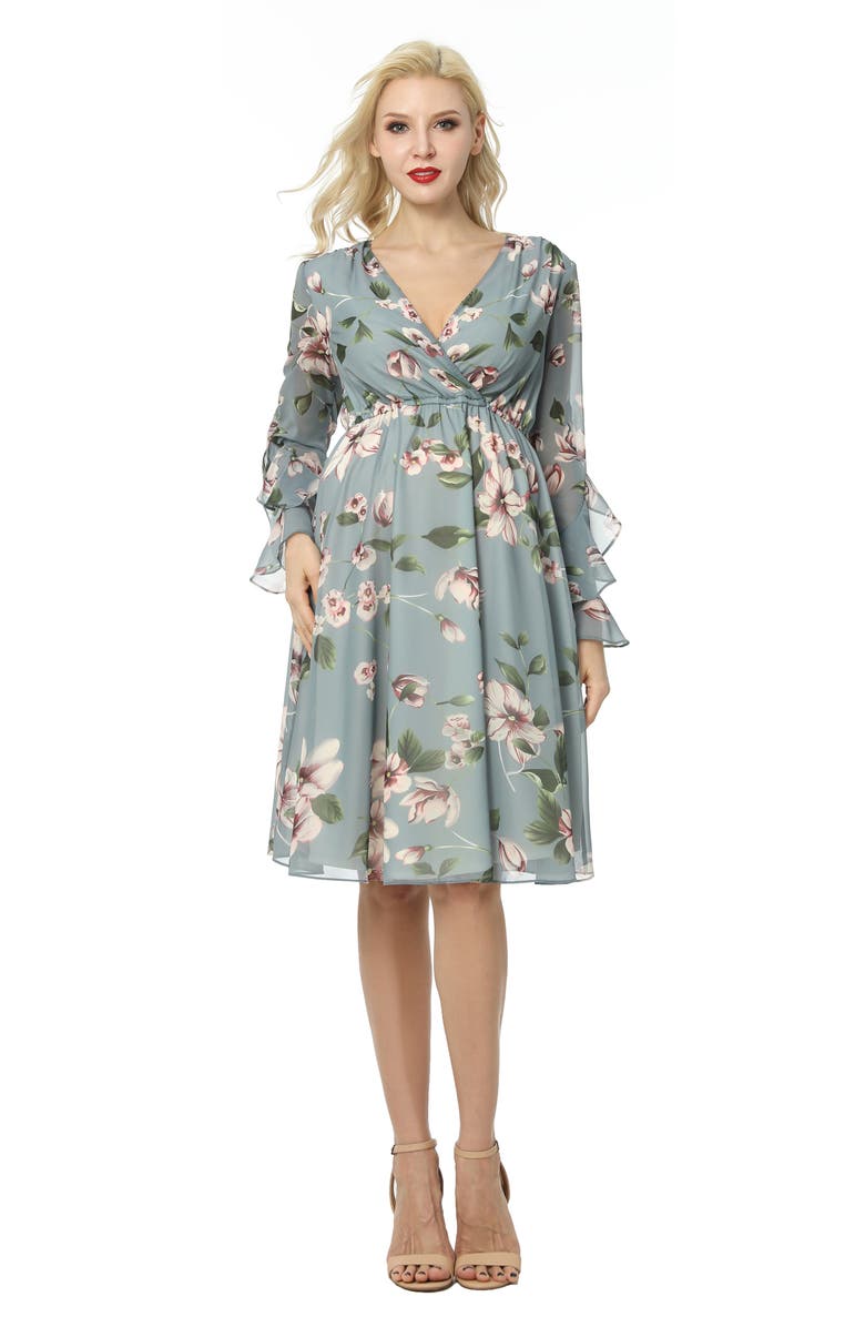 Kimi and Kai Floral Print Long Sleeve Chiffon Maternity Dress, Alternate, color, 