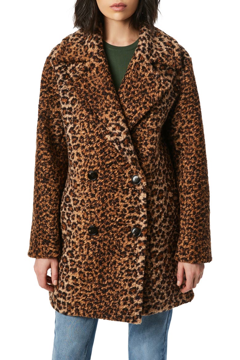 Animal Print Double Breasted Bouclé Coat, Main, color, BROWN LEOPARD