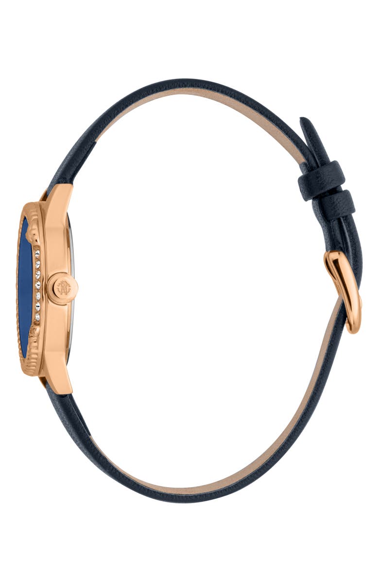 Roberto Cavalli Crystal Leather Strap Watch, 30mm, Alternate, color, Blue