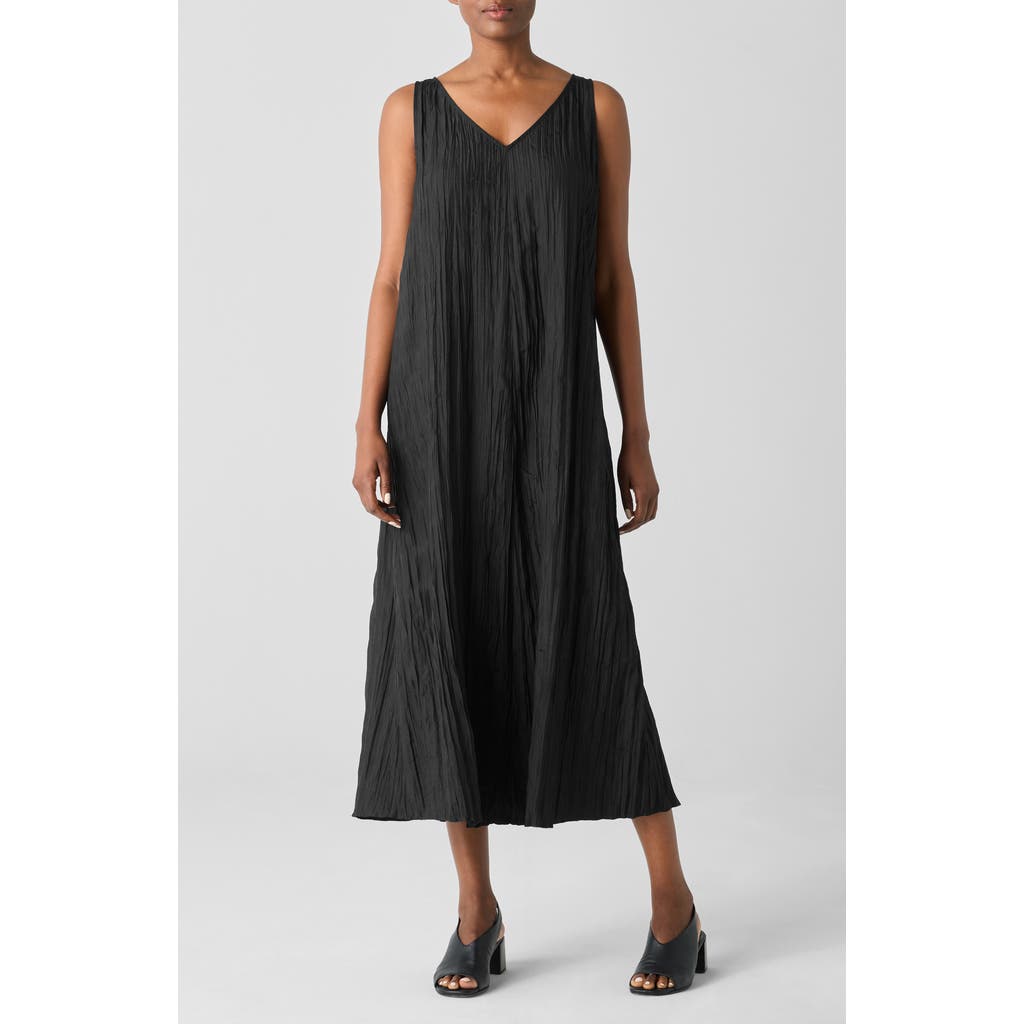 Eileen Fisher Tiered Sleeveless Crinkled Midi Dress In Black