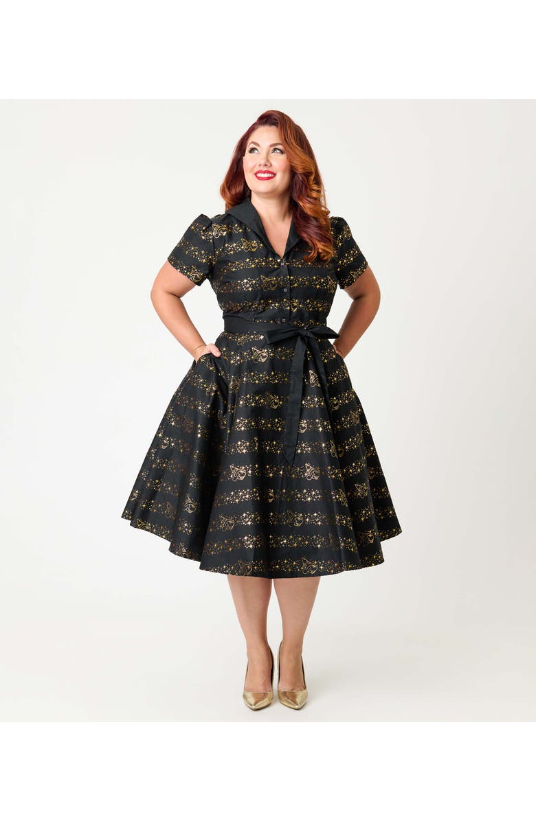 Unique Vintage Plus Size 1950s Collared Shirt Dress, Alternate, color, Black & Gold