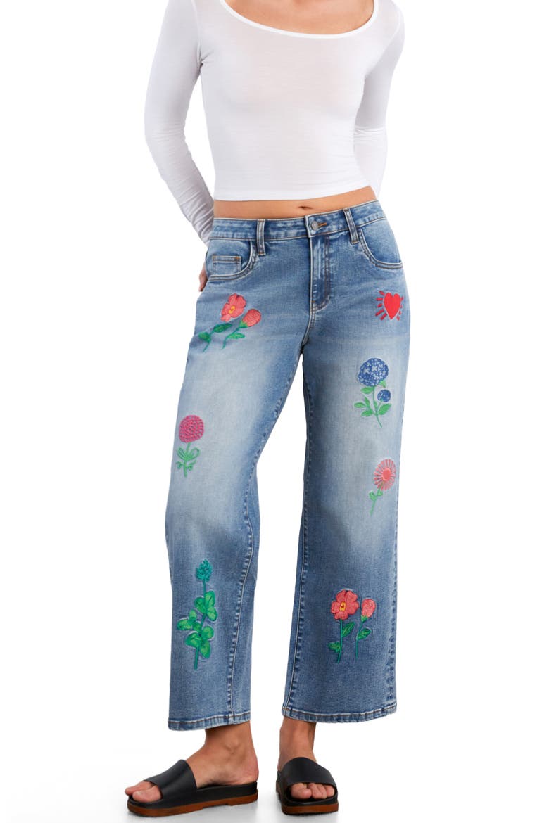 Blossom Embroidered Ankle Wide Leg Jeans, Alternate, color, RELAXED BLUE
