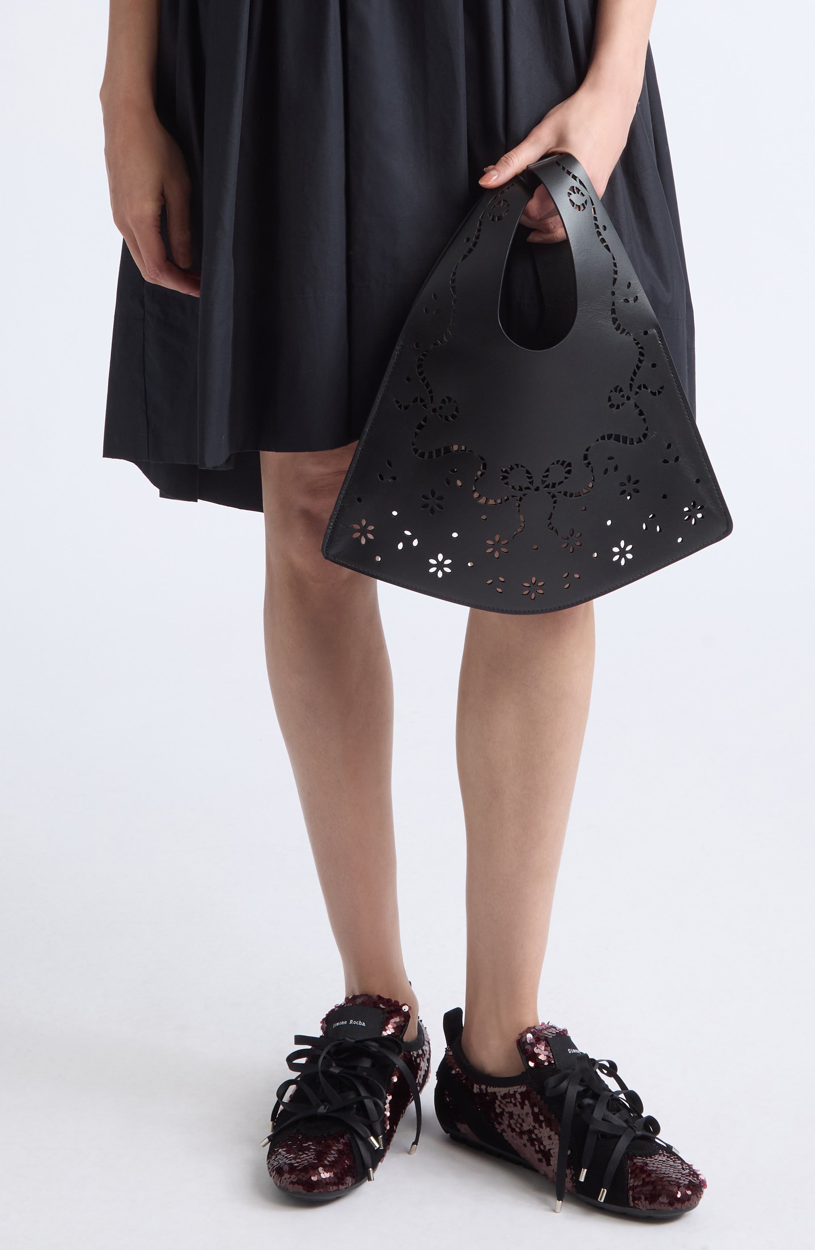 Mini Lasercut Leather Shopper, Alternate, color, BLACK