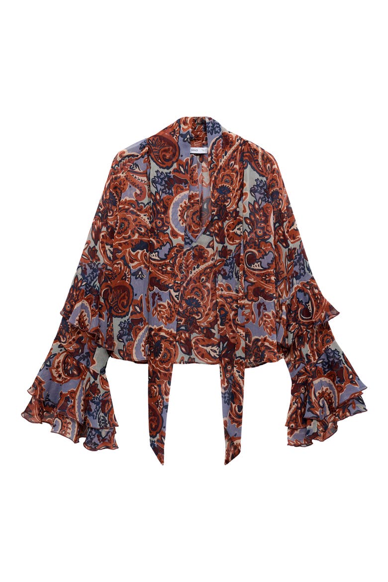 Ruffle Paisley Print Top, Alternate, color, BROWN