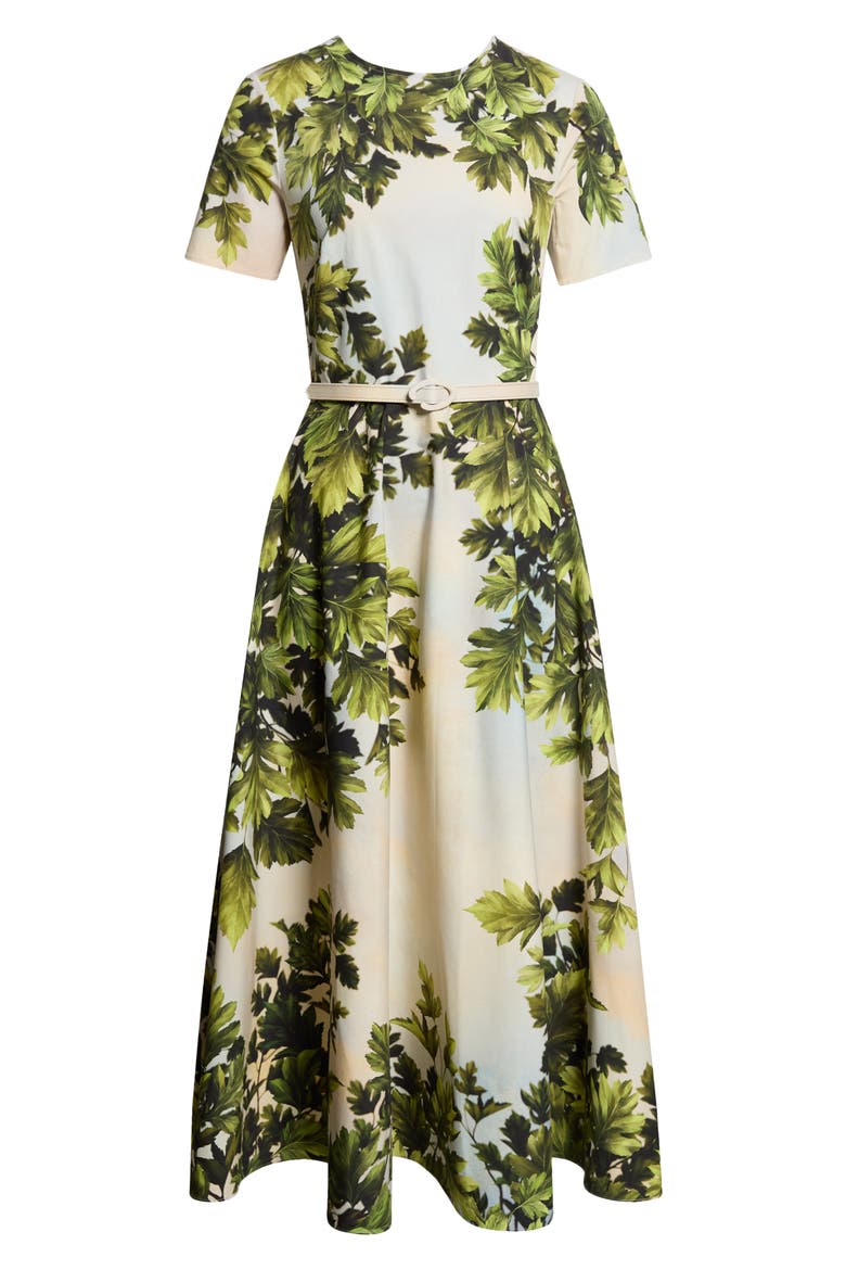 Maple Leaves Cotton Stretch Poplin Midi Dress, Main, color, GREEN MULTI