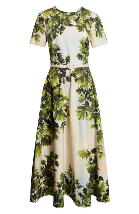 Maple Leaves Cotton Stretch Poplin Midi Dress