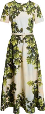 Oscar de la Renta Maple Leaves Cotton Stretch Poplin Midi Dress