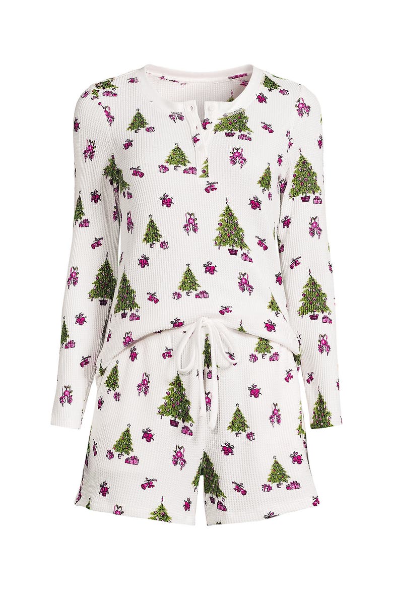 Brushed Cozy Waffle 2 Piece Pajama Set - Long Sleeve Top and Shorts, Alternate, color, Holiday Trees/Ivory