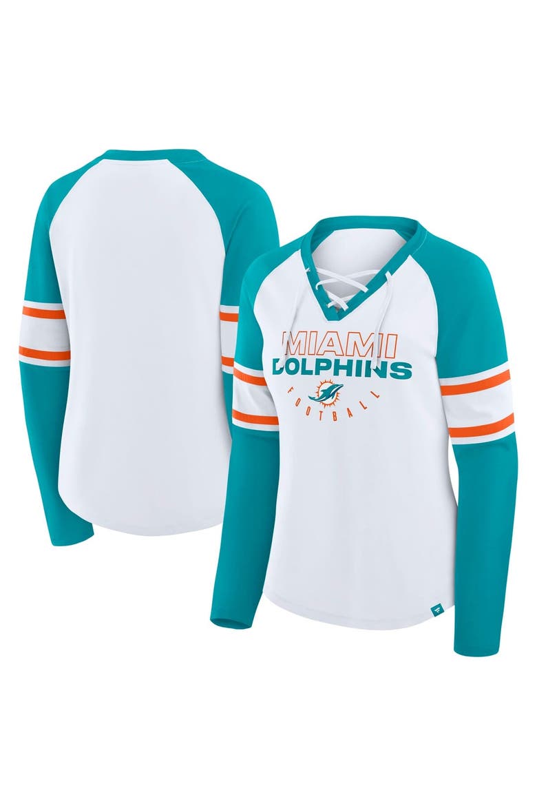 Women's Fanatics White/Aqua Miami Dolphins Redzone Blitz Package Raglan Lace-Up V-Neck Long Sleeve T-Shirt, Main, color, White