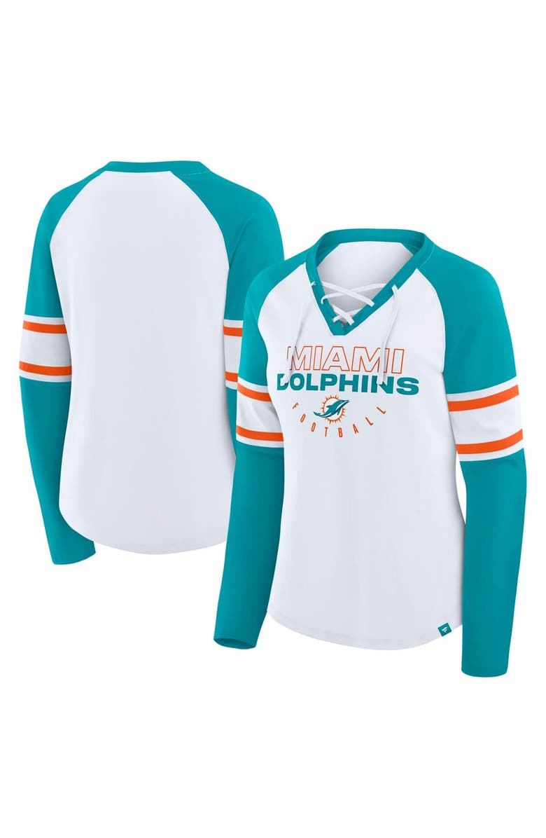 FANATICS Women's Fanatics White/Aqua Miami Dolphins Redzone Blitz Package Raglan Lace-Up V-Neck Long Sleeve T-Shirt, Main, color, White