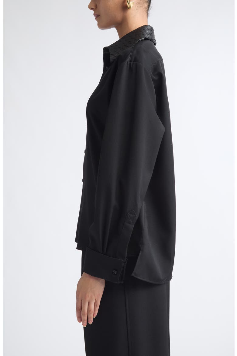 Intrecciato Twill Button-Up Shirt with Leather Collar, Alternate, color, 1010 DOUBLE BLACK