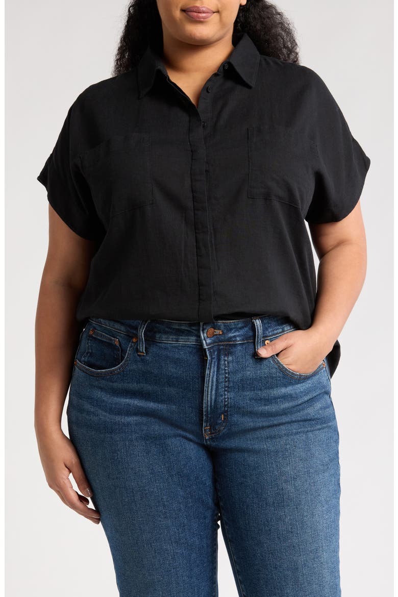 Double Pocket Linen Blend Camp Shirt, Main, color, BLACK