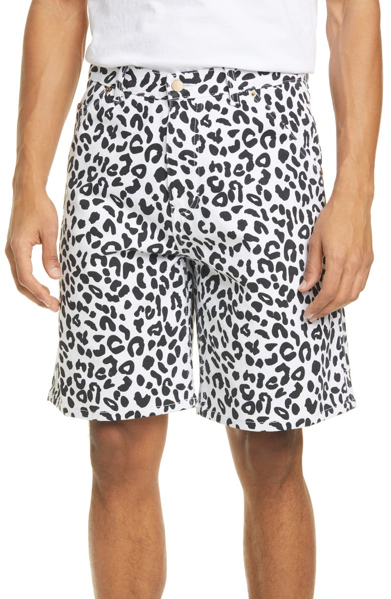 Noon Goons Leopard Denim Shorts, Main, color, 