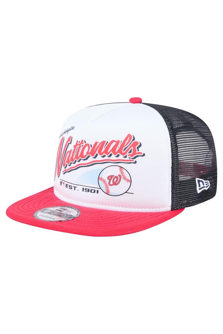 Men's New Era White/Red Washington Nationals Retro Script Trucker 9FIFTY Snapback Hat, Main, color, White