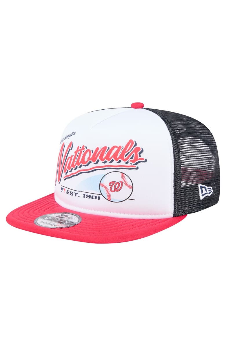 New Era Men's New Era White/Red Washington Nationals Retro Script Trucker 9FIFTY Snapback Hat, Main, color, White