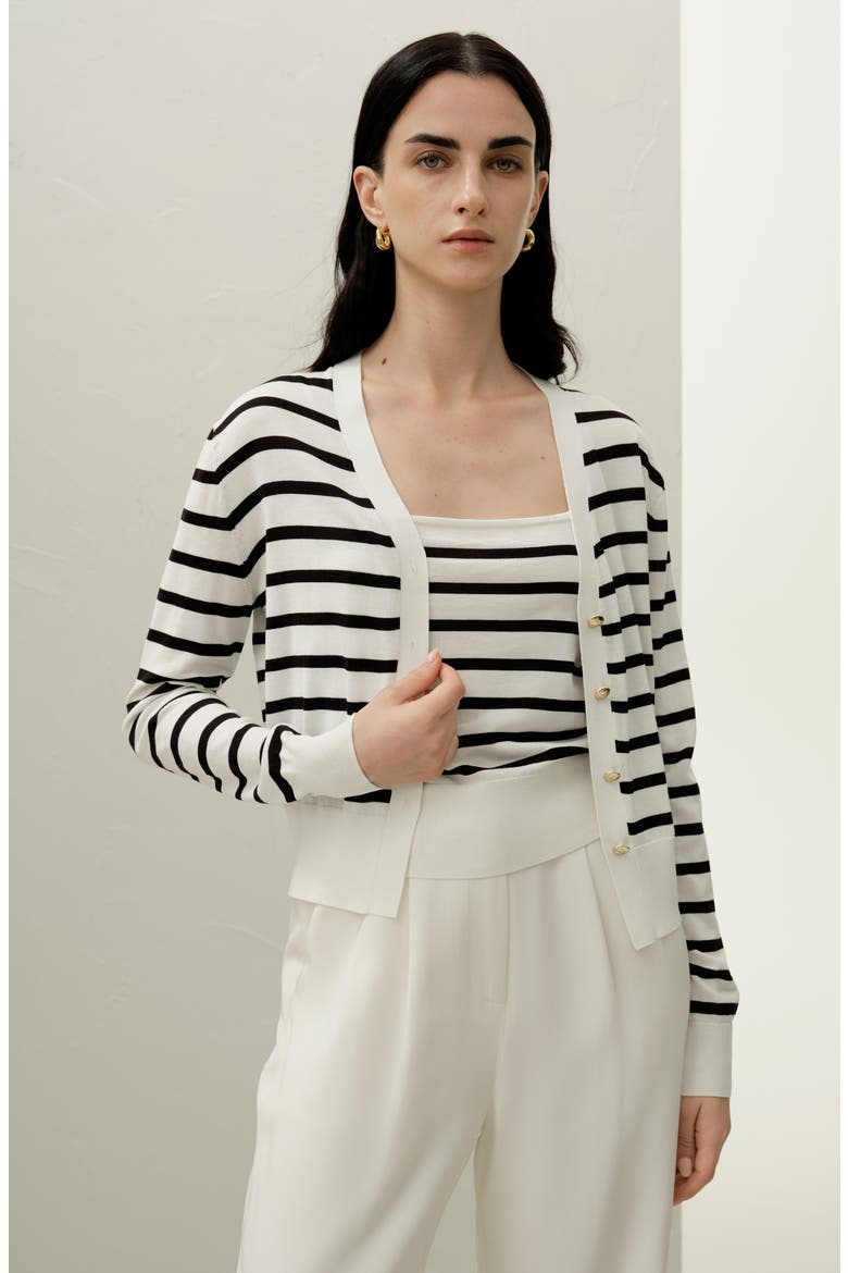 Women's Silk-Cotton Striped Knit Cardigan Set, Alternate, color, Black&White Stripes
