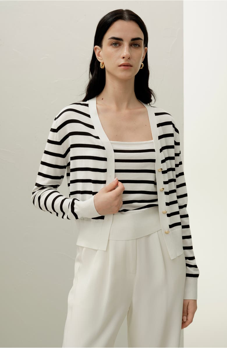 Lilysilk Silk-Cotton Striped Knit Cardigan Set, Alternate, color, Black&White Stripes