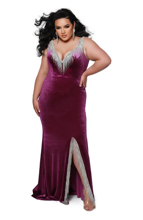 V-neck Rhinestone Fringe Velvet Plus Size Evening Gown