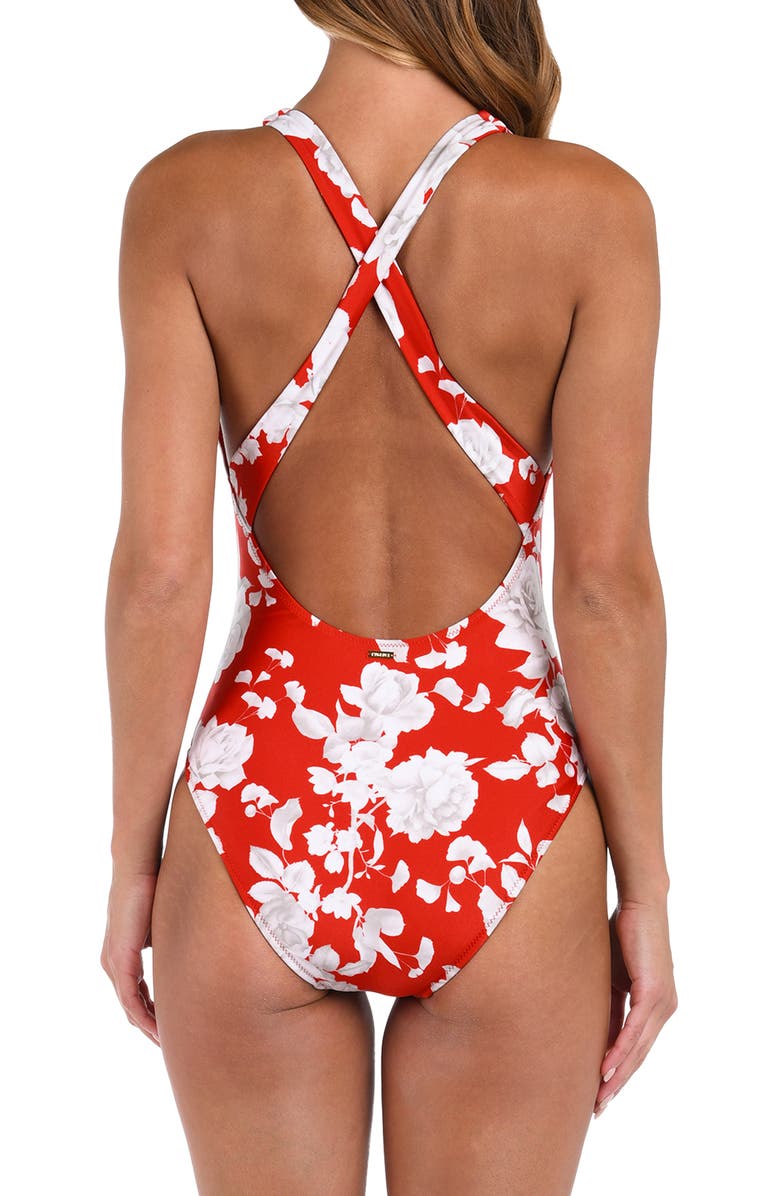 L'AGENCE Lisa Ikebana Belted Floral One-Piece Swimsuit, Alternate, color, Rouge