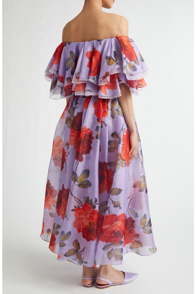 Rose Print Off the Shoulder Silk Organza Midi Dress, Alternate, color, VIOLETA MULTI