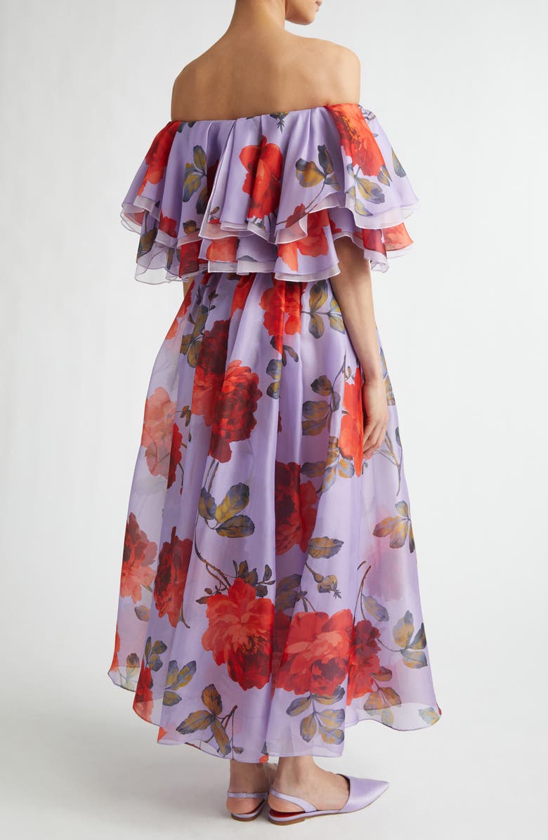 Carolina Herrera Rose Print Off the Shoulder Silk Organza Midi Dress, Alternate, color, Violeta Multi