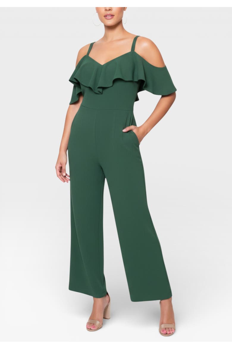 Marcella Off the Shoulder Ruffle Jumpsuit, Main, color, Spruce