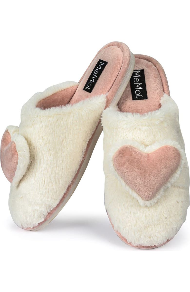 MeMoi 3D Heart Plush Faux Fur Slipper, Main, color, Ivory