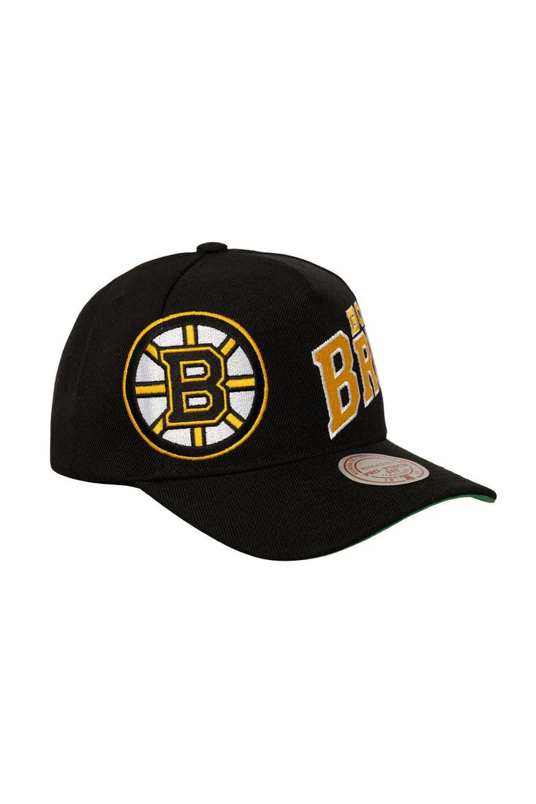 Men's Mitchell & Ness  Black Boston Bruins Busted Logo Wordmark Wrap-Around Pro Pinch Adjustable Hat, Alternate, color, Black