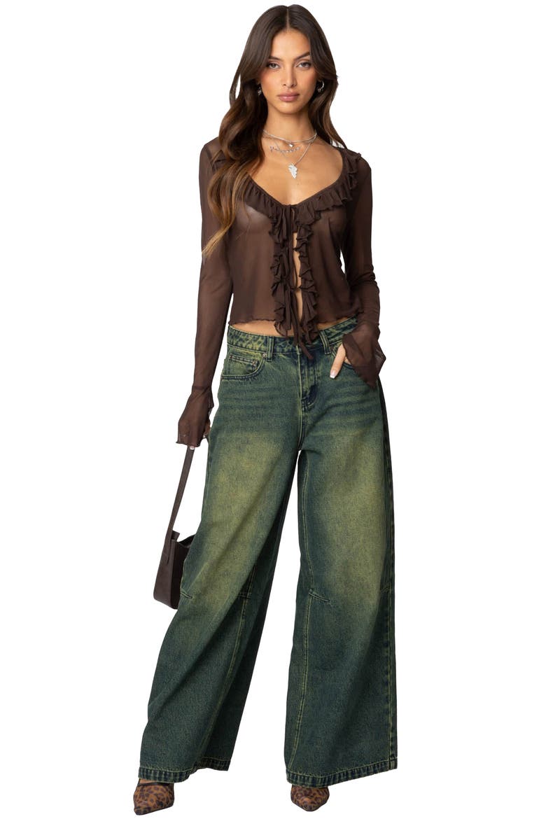 Sheer Mesh Ruffle Top, Alternate, color, BROWN