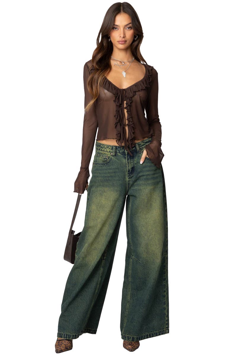 EDIKTED Sheer Mesh Ruffle Top, Alternate, color, Brown