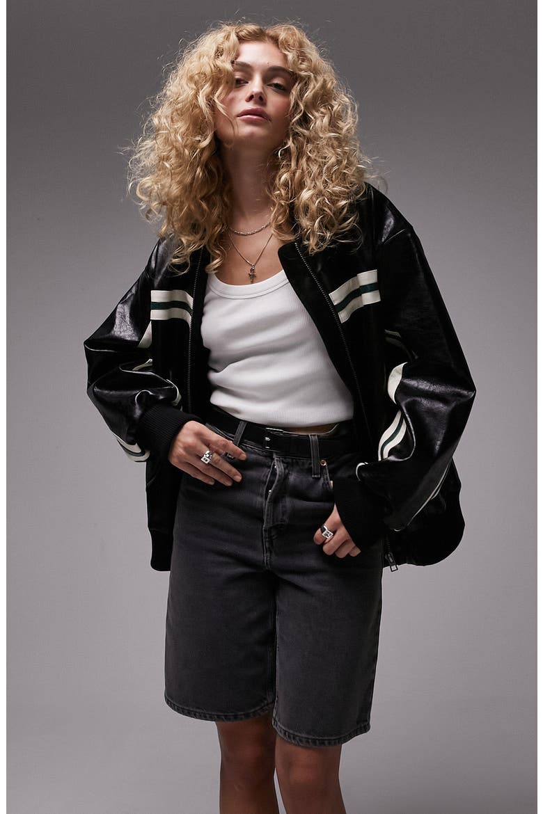 Stripe Faux Leather Bomber, Main, color, BLACK