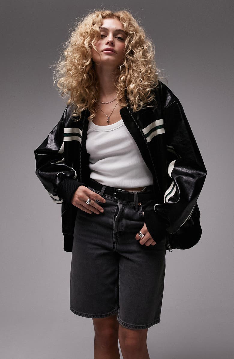 Topshop Stripe Faux Leather Bomber, Main, color, 