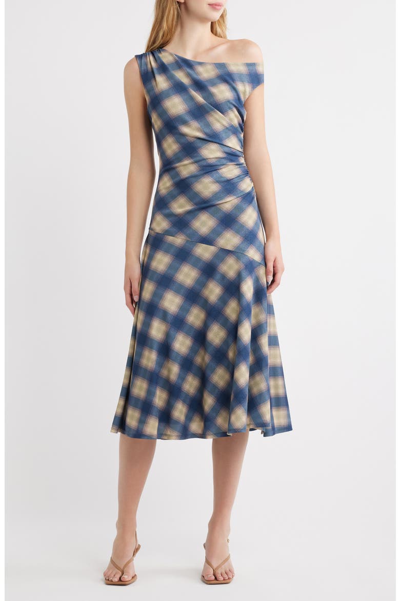 Delores Off the Shoulder Midi Dress, Main, color, NAVY SAGE PLAID