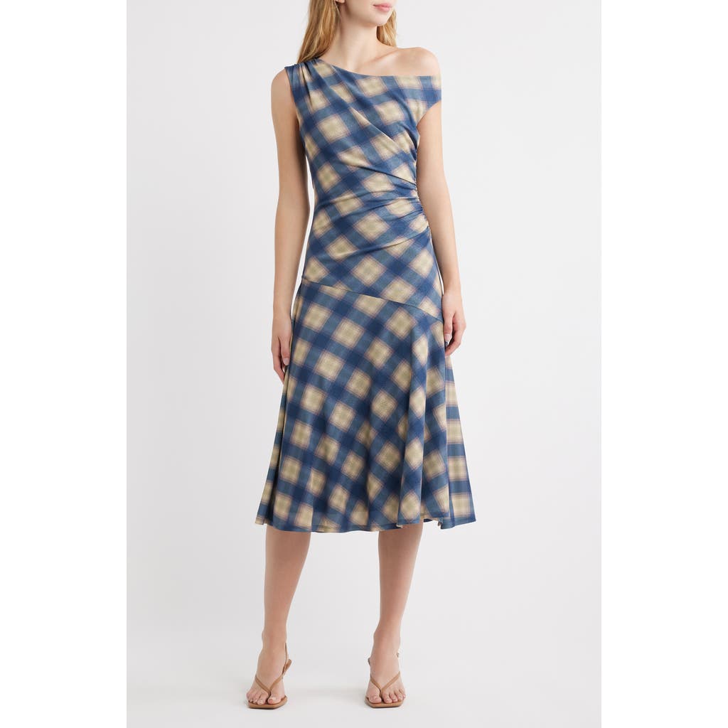 Rails Delores Off the Shoulder Midi Dress in Navy Sage Plaid at Nordstrom, Size Small
