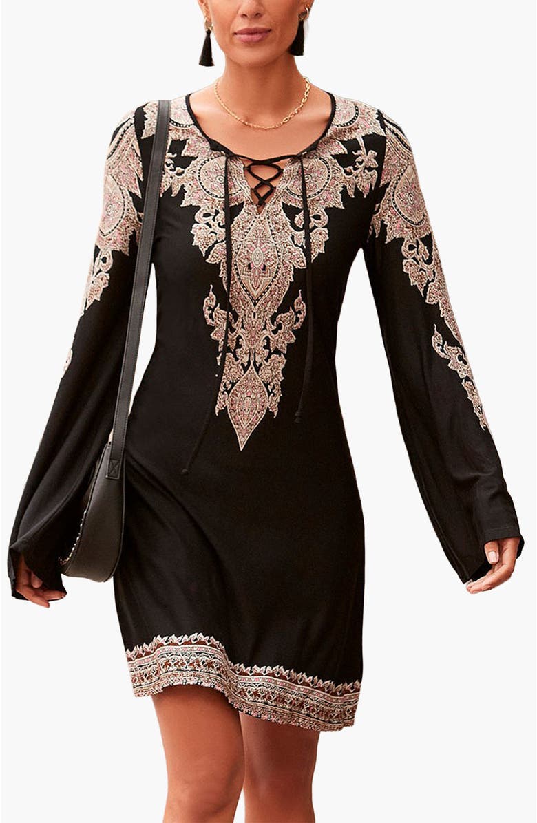 LASCANA Women's Lace Up Dress, Main, color, Black Printed